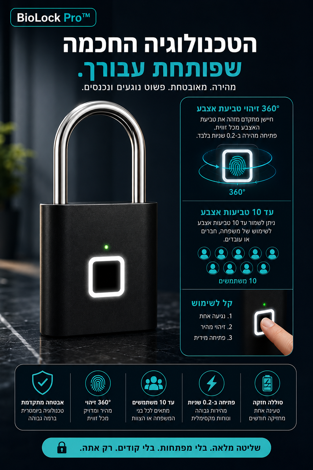 BioLock Pro מנעול חכם עם זיהוי טביעת אצבע ב־360 מעלות, פתיחה מהירה ותמיכה בעד 10 טביעות אצבע