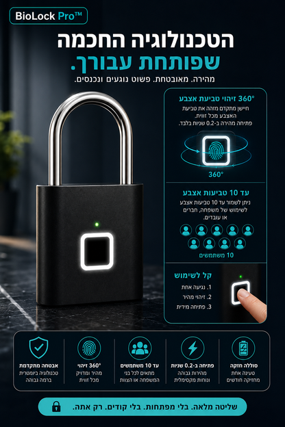 BioLock Pro מנעול חכם עם זיהוי טביעת אצבע ב־360 מעלות, פתיחה מהירה ותמיכה בעד 10 טביעות אצבע