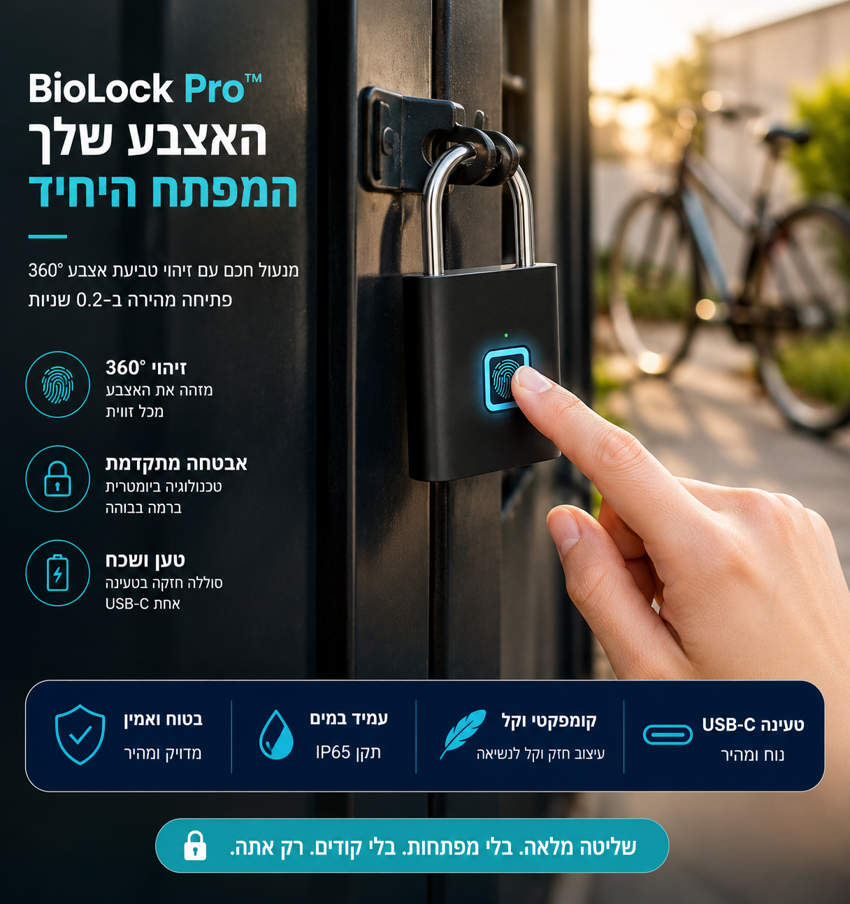 BioLock Pro מנעול חכם בטביעת אצבע לאבטחת שער ואופניים, עם פתיחה מהירה ועמידות למים ואבק