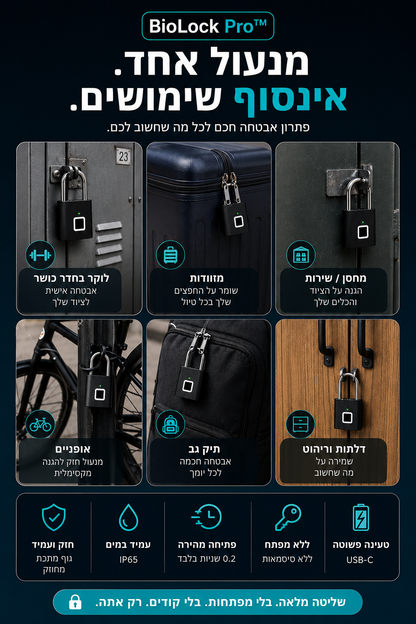 BioLock Pro מנעול חכם בטביעת אצבע לשימוש בלוקר, מזוודה, מחסן, אופניים, תיק וארון, עם פתיחה מהירה ללא מפתח