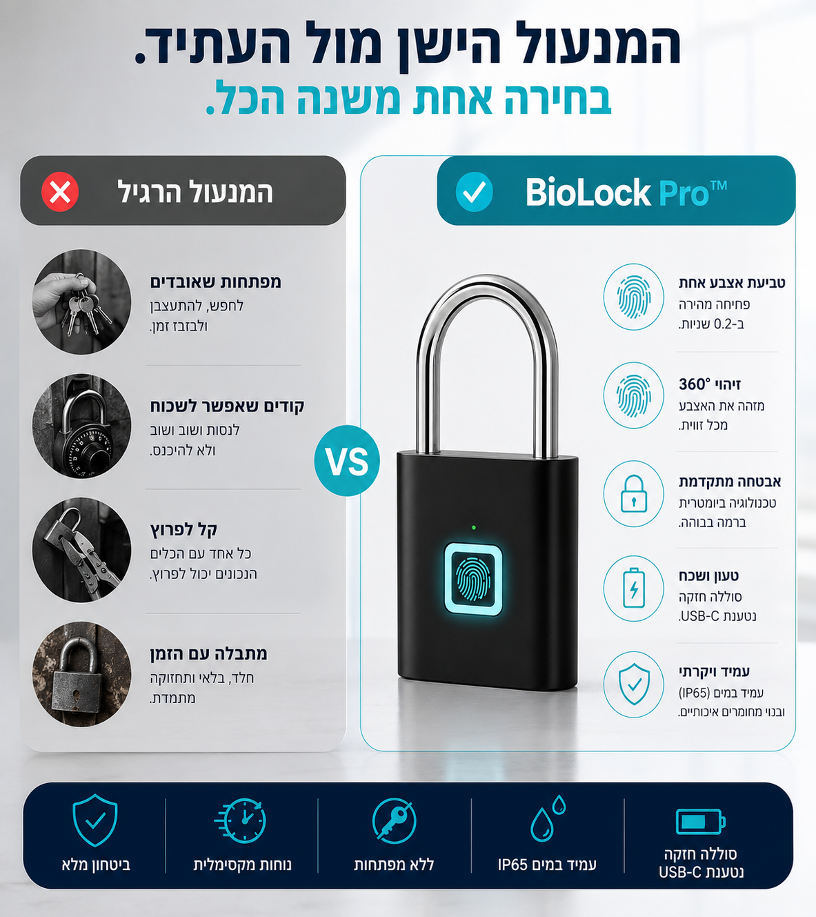 השוואה בין BioLock Pro מנעול חכם בטביעת אצבע לבין מנעול רגיל עם מפתחות וקוד, לפתיחה מהירה ואבטחה מתקדמת