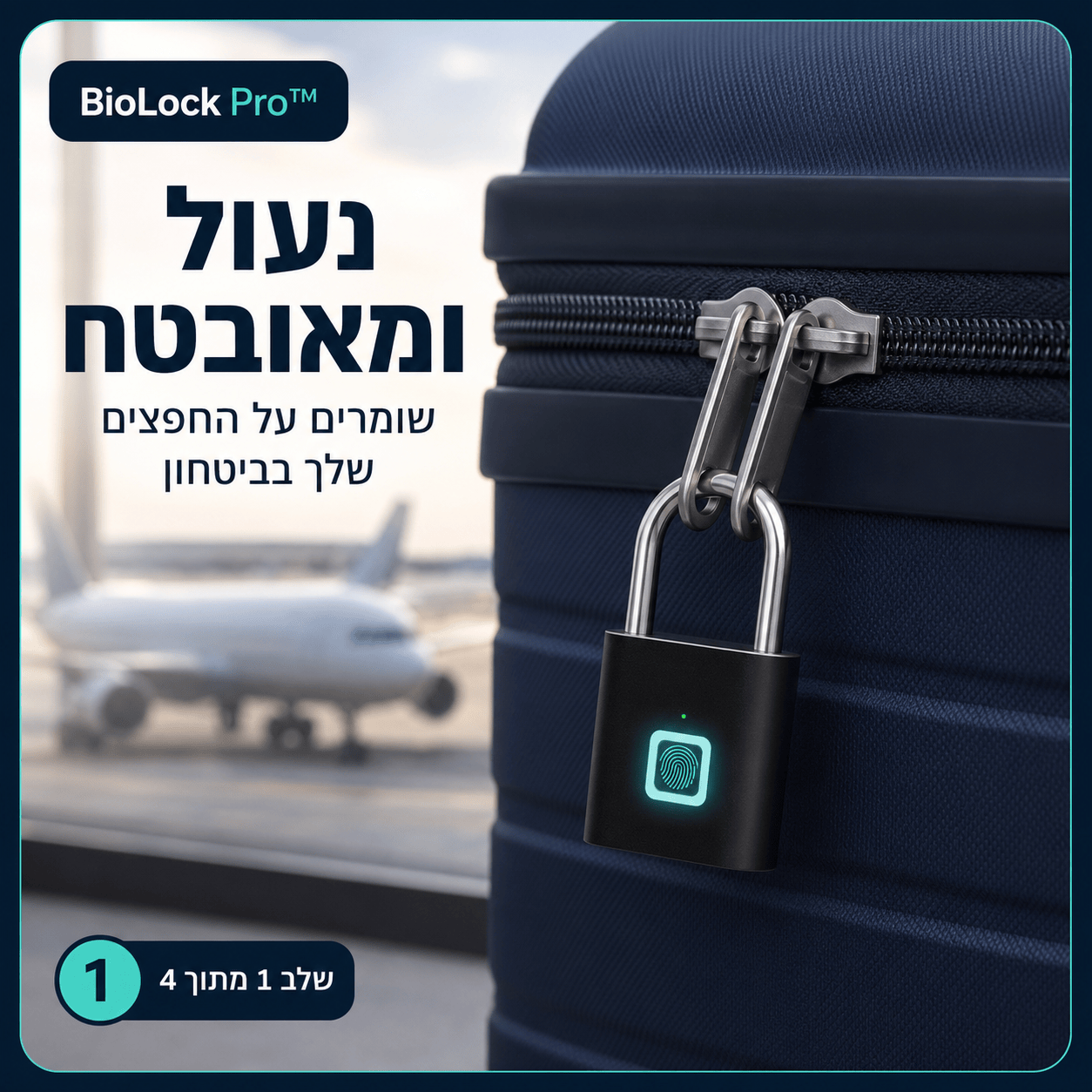 אנימציה המדגימה כיצד לאבטח מזוודה באמצעות מנעול BioLock Pro חכם בטביעת אצבע בזמן נסיעה ושדה תעופה