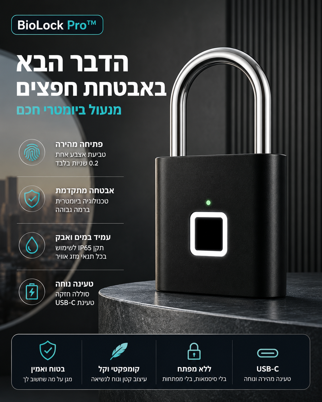 BioLock Pro מנעול חכם בטביעת אצבע עם פתיחה מהירה, אבטחה ביומטרית, עמידות למים וטעינת USB-C