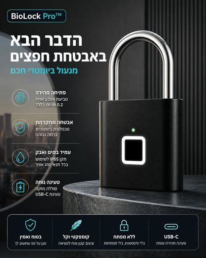 BioLock Pro מנעול חכם בטביעת אצבע עם פתיחה מהירה, אבטחה ביומטרית, עמידות למים וטעינת USB-C