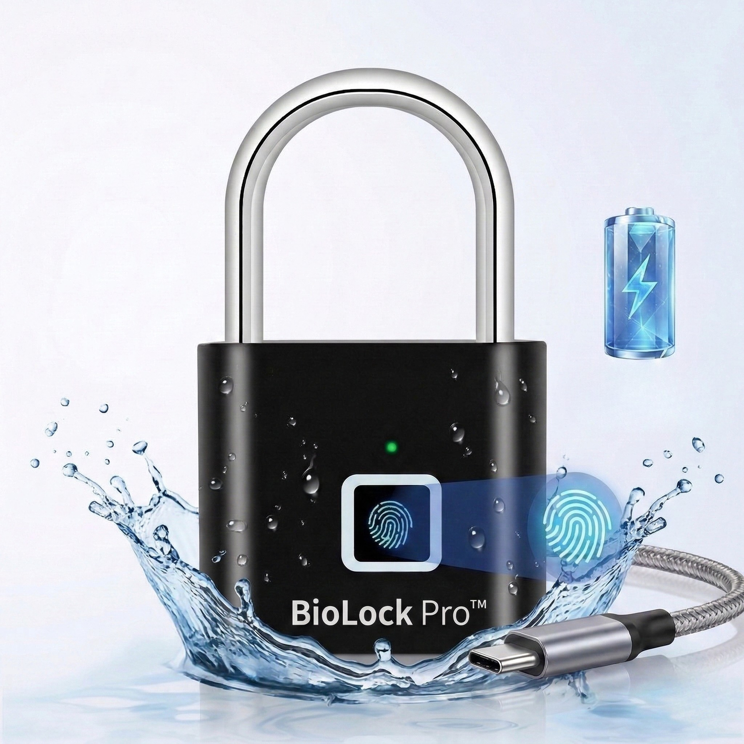 BioLock Pro מנעול חכם עם טביעת אצבע, עמידות למים וטעינת USB-C לאבטחה אישית