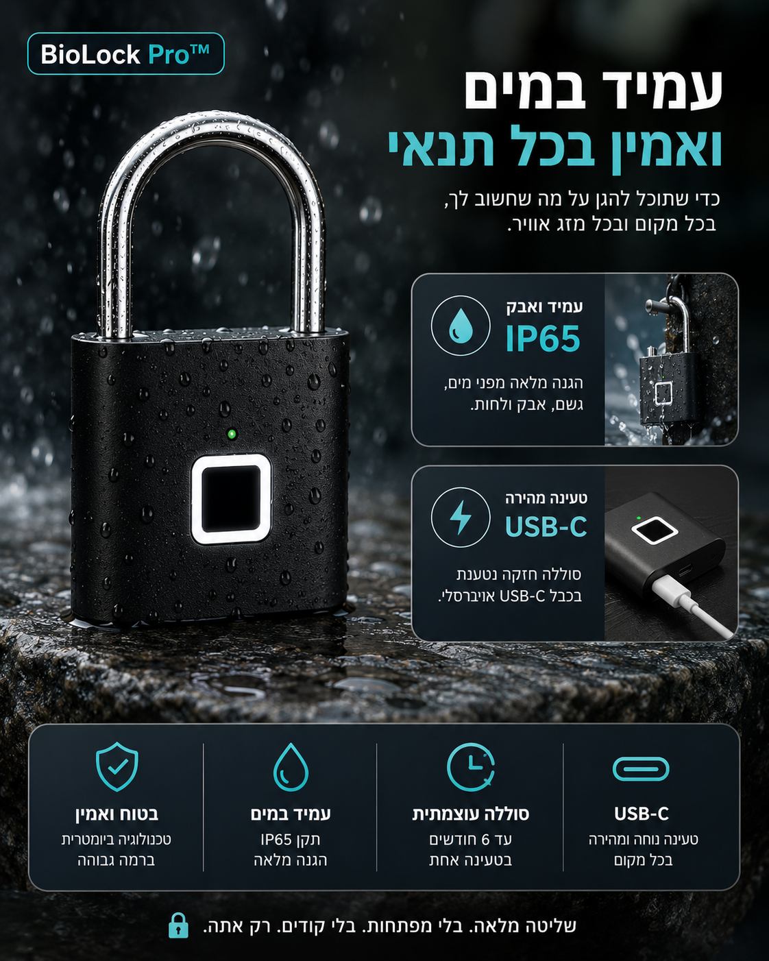 BioLock Pro מנעול חכם בטביעת אצבע עם עמידות למים IP65 וטעינת USB-C מהירה