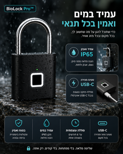 BioLock Pro מנעול חכם בטביעת אצבע עם עמידות למים IP65 וטעינת USB-C מהירה