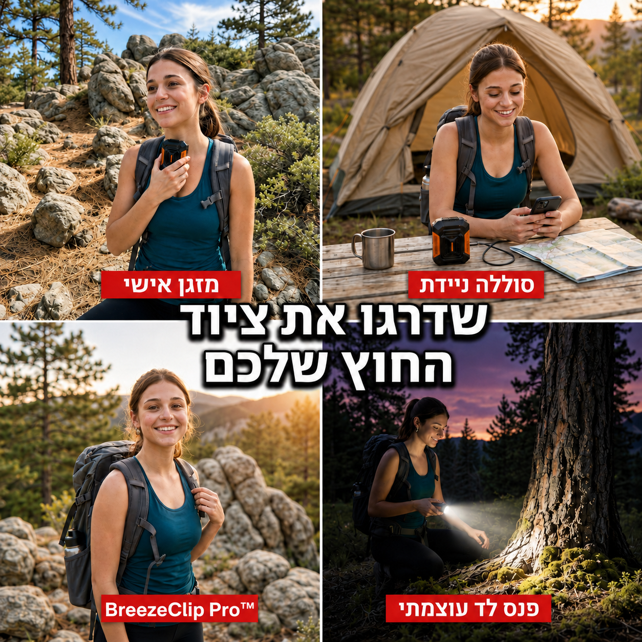 BreezeClip Pro מאוורר נייד לקמפינג וטיולים עם סוללה ניידת ופנס לד לשימוש בשטח