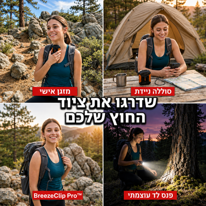 BreezeClip Pro מאוורר נייד לקמפינג וטיולים עם סוללה ניידת ופנס לד לשימוש בשטח