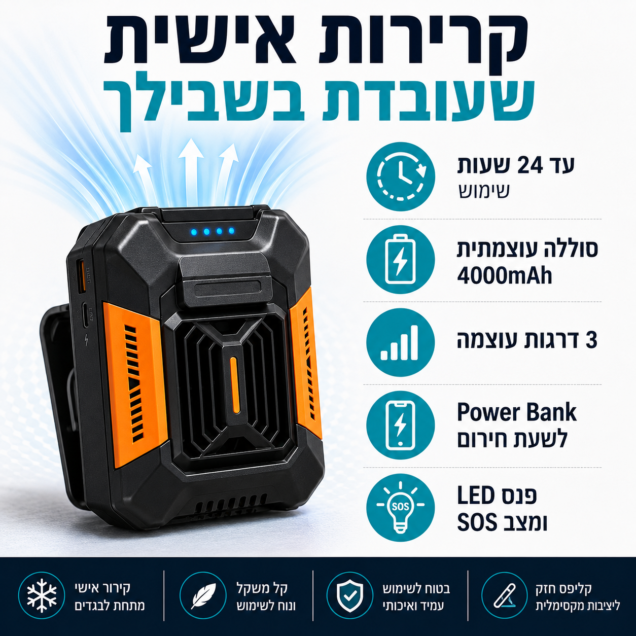 מאוורר אישי נייד BreezeClip Pro עם סוללת 4000mAh, שלוש דרגות עוצמה, מטען חירום, פנס LED ומצב SOS.