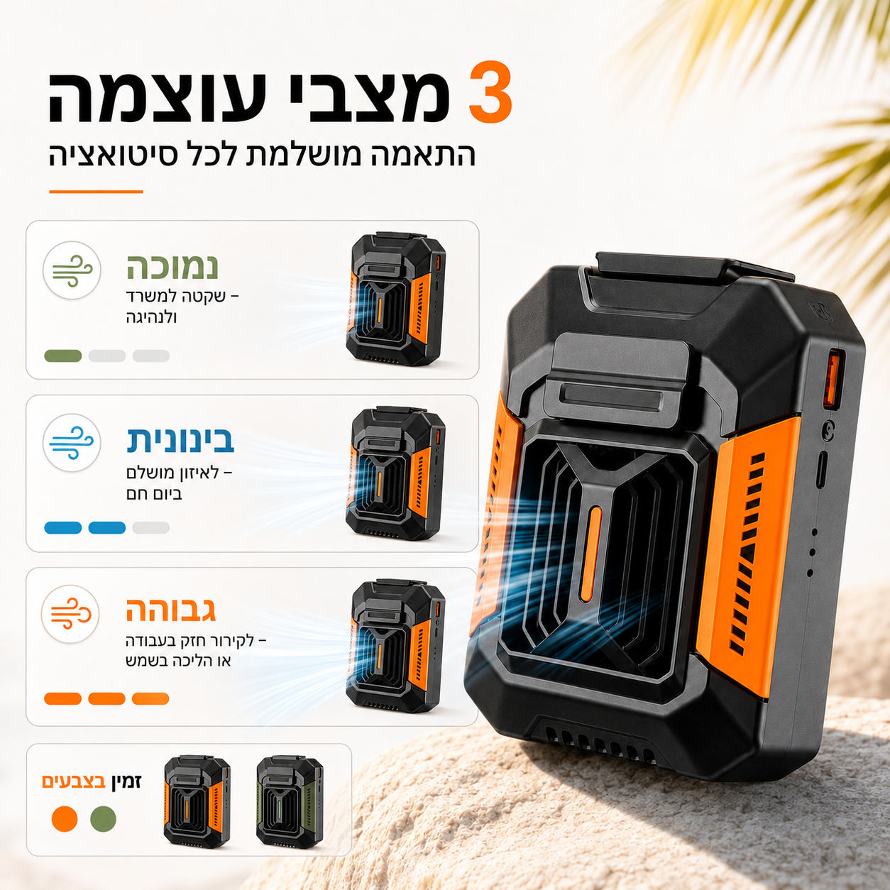 מאוורר אישי נייד BreezeClip Pro עם שלוש דרגות עוצמה לבחירת זרימת אוויר נמוכה, בינונית או גבוהה בהתאם לצורך.