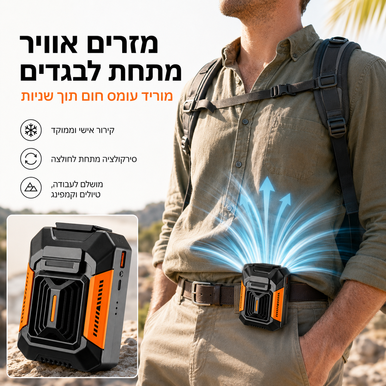 מטייל משתמש במאוורר האישי BreezeClip Pro המחובר לחגורה ומזרים אוויר מתחת לבגדים להפחתת עומס החום.