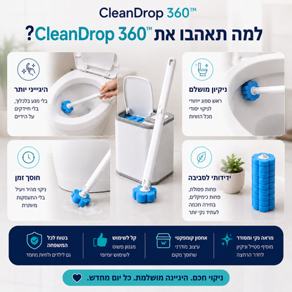 CleanDrop 360 ערכת ניקוי אסלה עם ראשי ספוג מתחלפים, ניקוי נוח מכל הזוויות, חיסכון בזמן ואחסון קומפקטי לחדר הרחצה