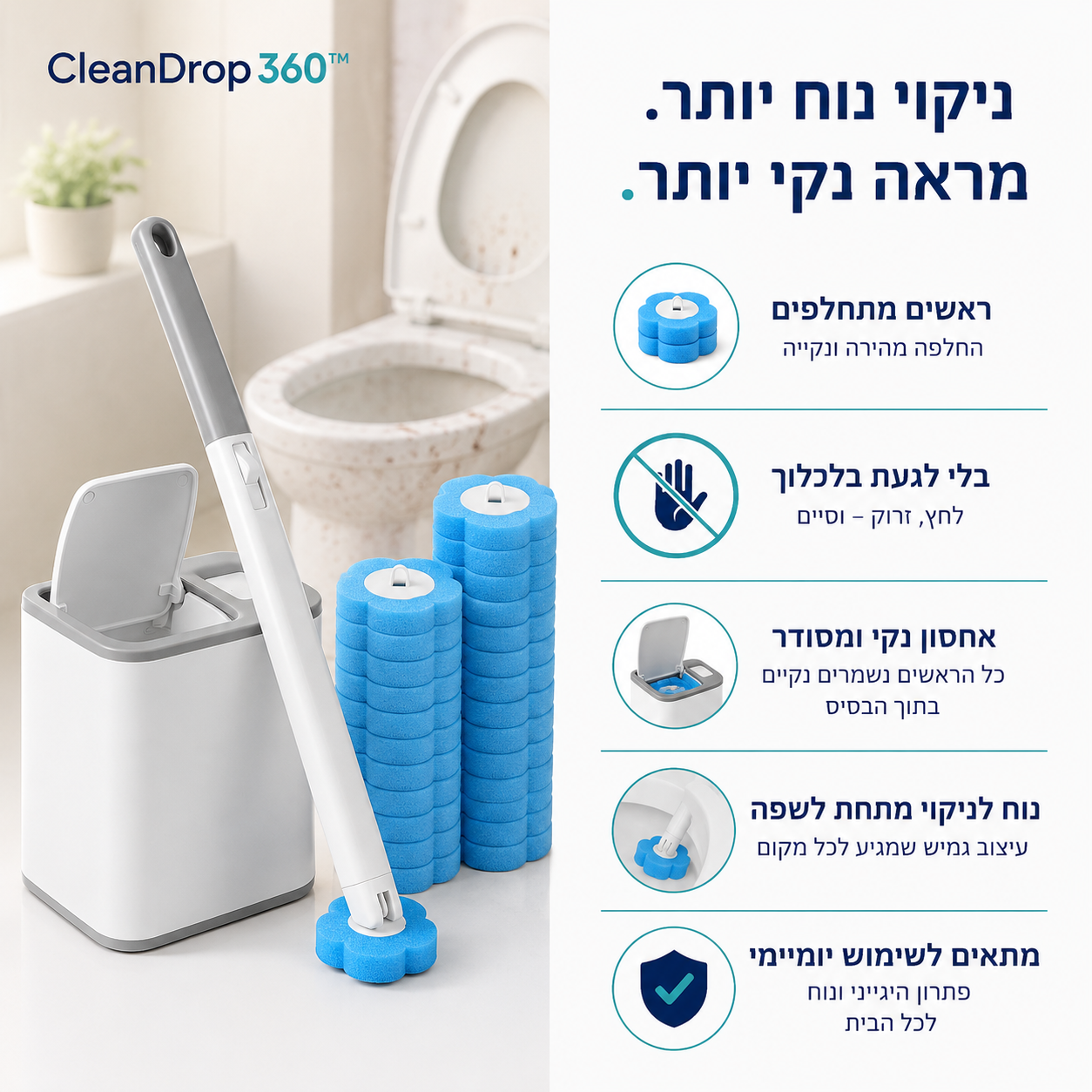 CleanDrop 360 ערכת ניקוי אסלה עם ראשי ספוג כחולים מתחלפים, מעמד אחסון מסודר וניקוי נוח מתחת לשפת האסלה