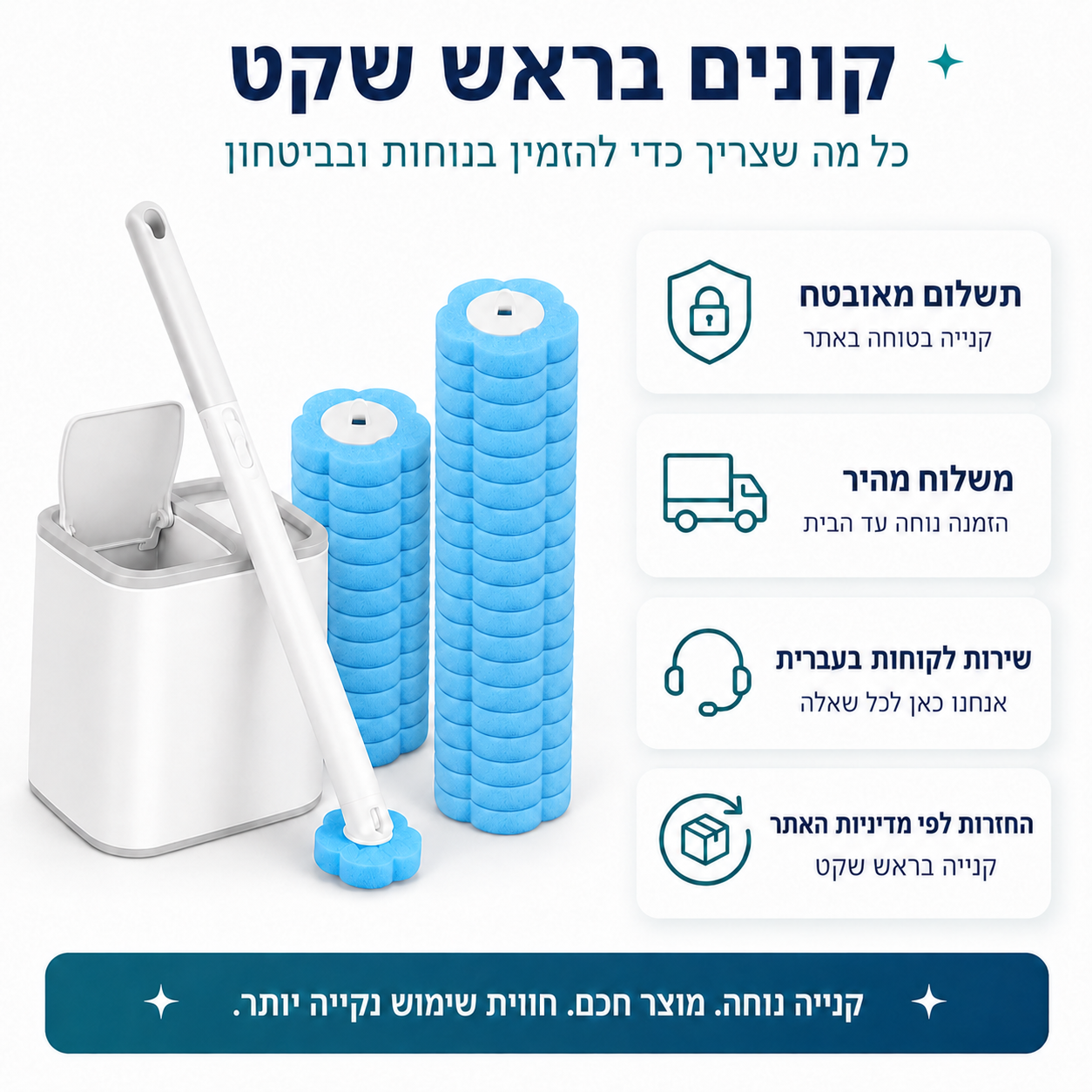 CleanDrop 360 ערכת ניקוי אסלה עם ראשי ספוג כחולים, מעמד אחסון ותנאי קנייה נוחים כולל תשלום מאובטח, משלוח מהיר ושירות בעברית