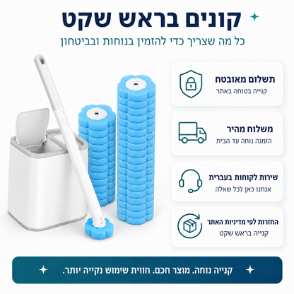 CleanDrop 360 ערכת ניקוי אסלה עם ראשי ספוג כחולים, מעמד אחסון ותנאי קנייה נוחים כולל תשלום מאובטח, משלוח מהיר ושירות בעברית